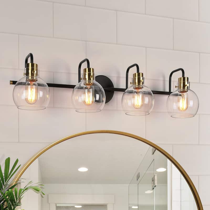 Modern Black Gold 4-Light Linear Bathroom Vanity Lights Globe Glass Wall Sconces - 32" L x 8" W x 8.5" H