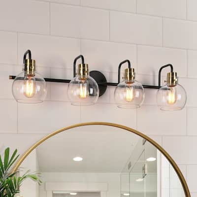 Modern Black Gold 4-Light Linear Bathroom Vanity Lights Globe Glass Wall Sconces - 32" L x 8" W x 8.5" H