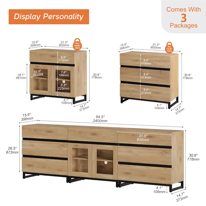 Modern TV Stand for Tvs Up to 100 Inch, 3 In 1 TV Console with Glass Doors and 7 Drawers for Living Room, Bedroom