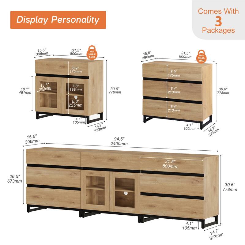 Modern TV Stand for Tvs Up to 100 Inch, 3 In 1 TV Console with Glass Doors and 7 Drawers for Living Room