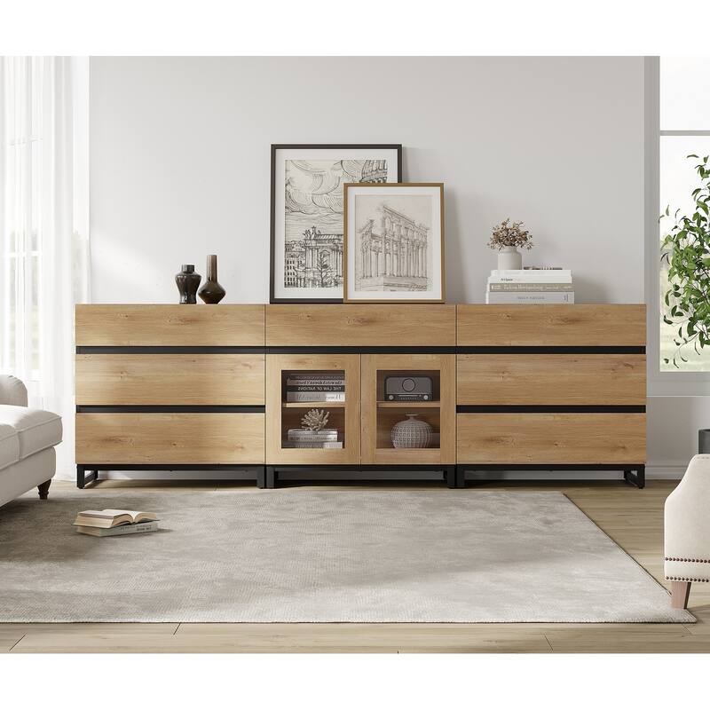 WAMPAT 3 in 1 Dresser with Glass Doors and 7 Drawers, Modern Chest of Drawers with Adjustable Shelf and Metal Base for Bedroom