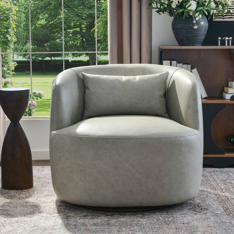 KINWELL 100% Top Grain Genuine Leather Swivel Armchair with Pillow