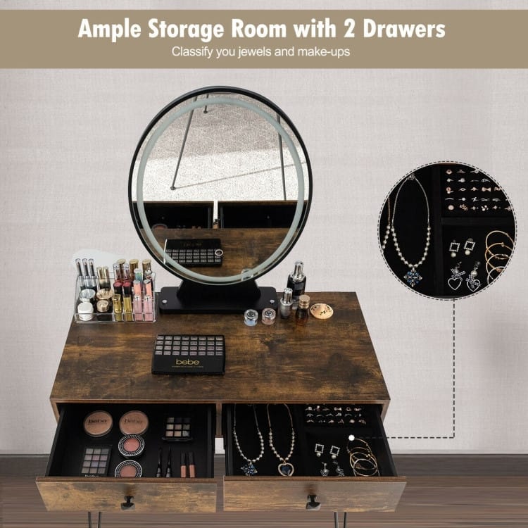 Industrial Makeup Dressing Table with 3 Lighting Modes - 31.5" x 16" x 53.5" (W x D x H)