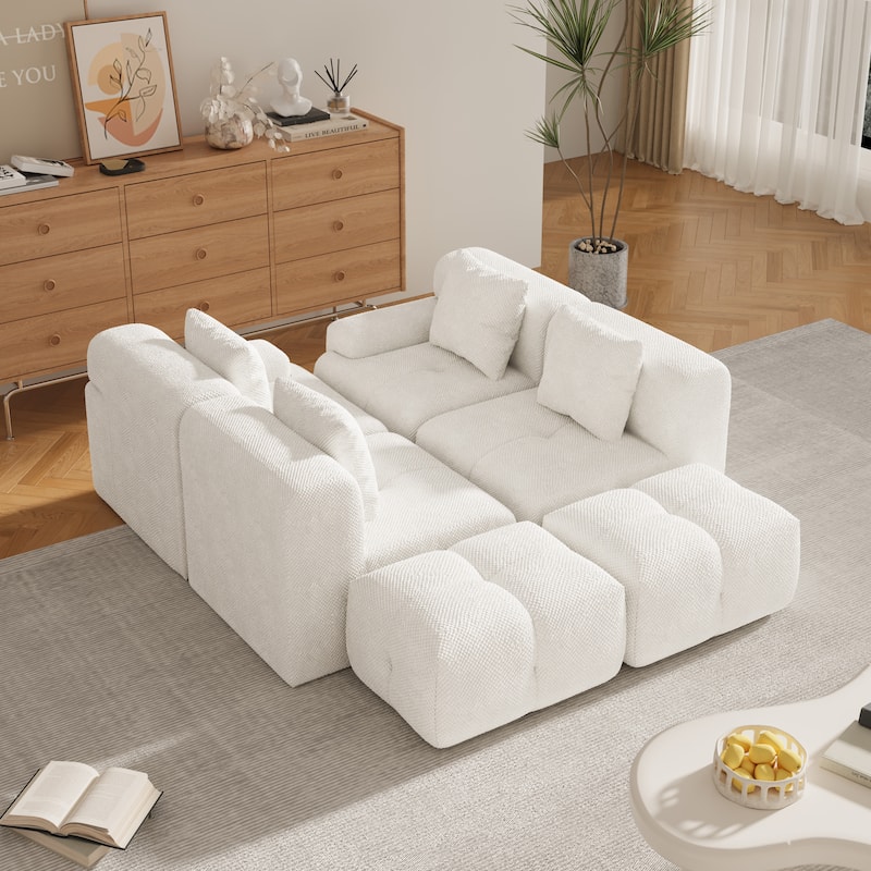 Roomfitters U Shaped Modular Sectional Sofa Bed Chaise, 6-Piece Cloud Tufted Floor Couch with 2 Ottomans and 4 Pillows