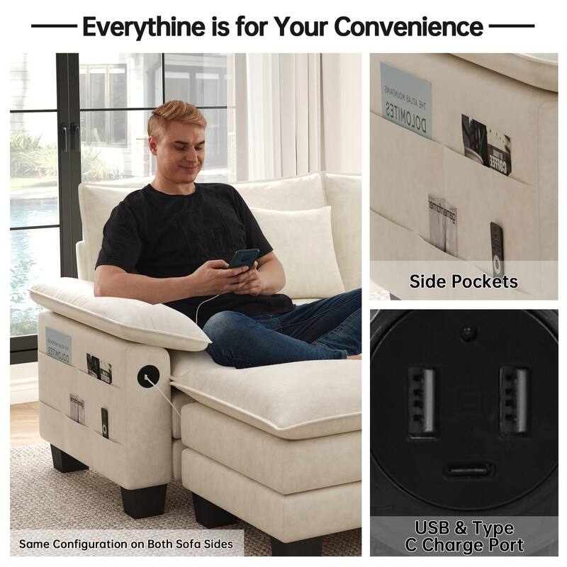 144" Modular Compression Sofa Set Convertible Sectional Sleeper Couch with 2 Ottomans