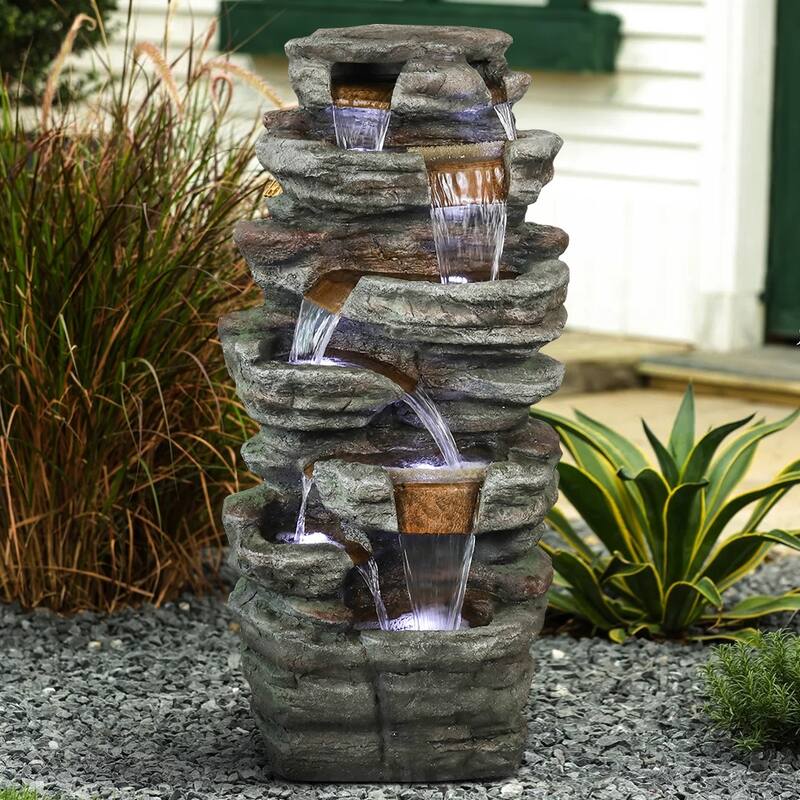 7-Tier Rock Water Fountain w/LED Lights Outdoor Water Feature for Home