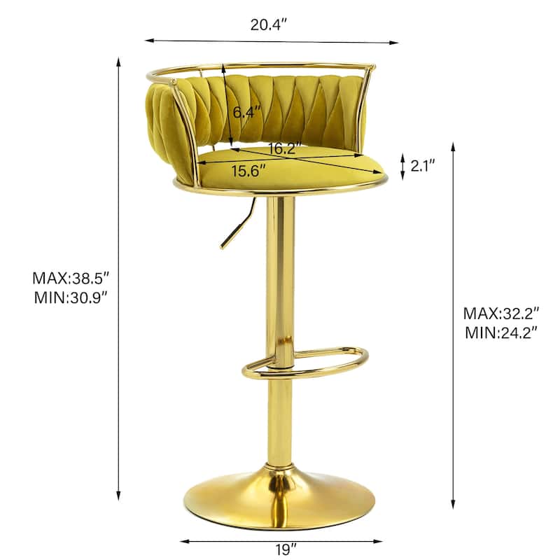 Velvet Upholstered Adjustable Bar Stool Swivel Counter Chair Set of 2