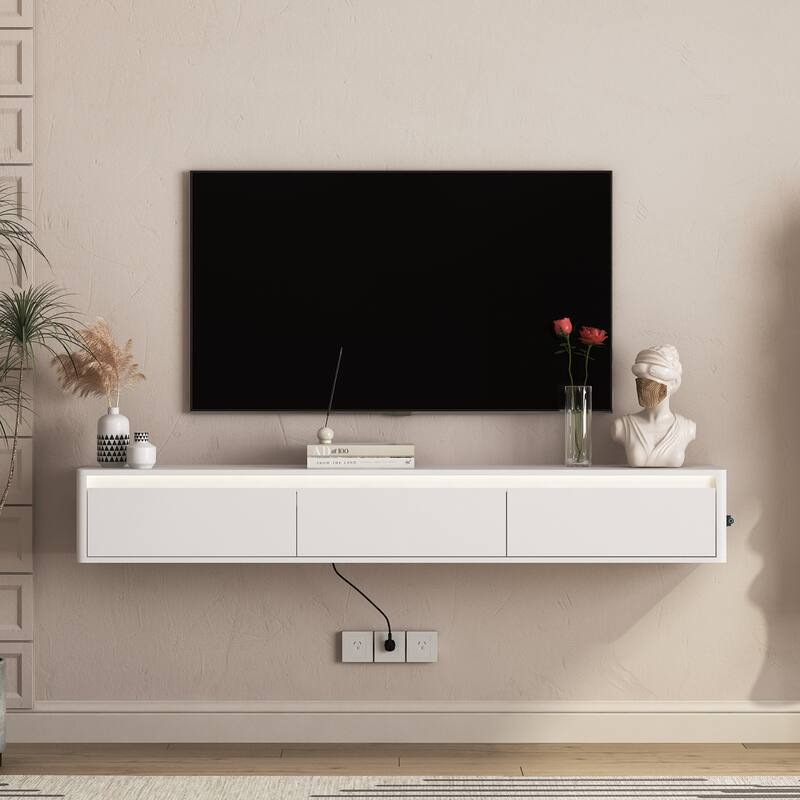 Floating LED TV Stand Wall Mounted TV Console, High Gloss TV Cabinet with LED Light & Power Outlet
