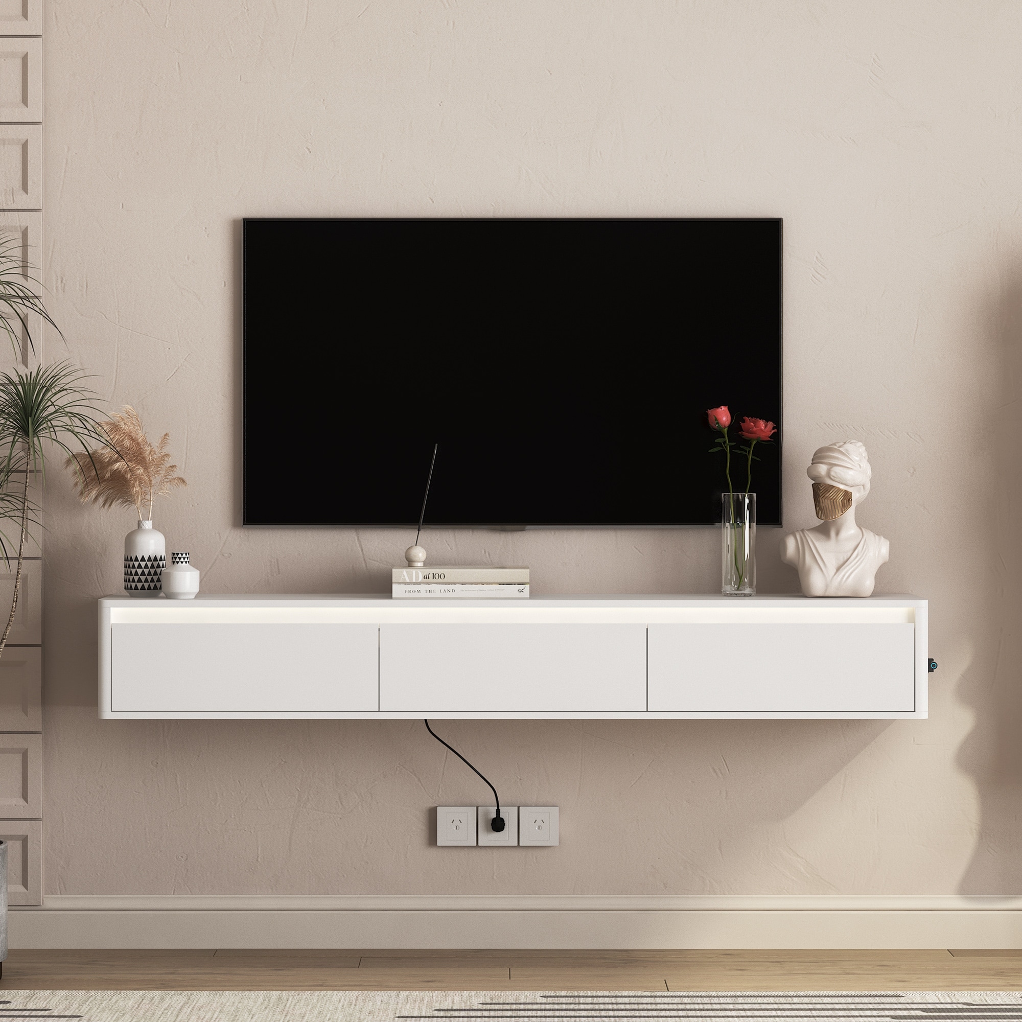 Floating TV Stand Wall Mounted TV Shelf Wood TV Cabinet with LED Lights and Power Outlet