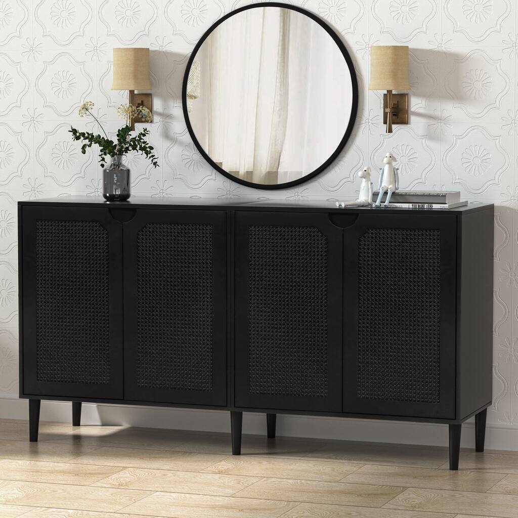 Anmytek 4-Door Black Rattan Buffet Sideboard Modern Accent Storage Cabinet with Adjustable Shelf - 63" W x 15.7" D x 35.4" H