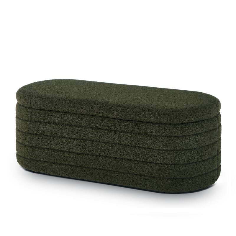 Modern Oval Storage Ottoman Bench,Boucle Teddy Fabric End of Bed Bench with Storage,End of Bed Stool with Safety Hinge