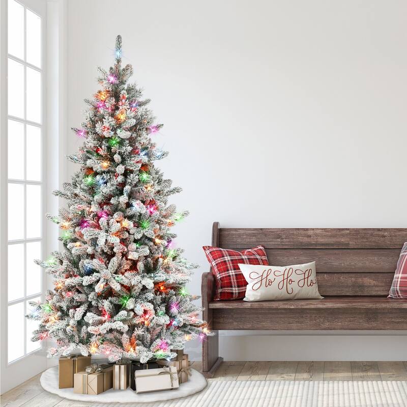 6.5' Flocked ‎Bennington Fir Artificial Christmas Tree Multi Color Lights - 6.5 Foot