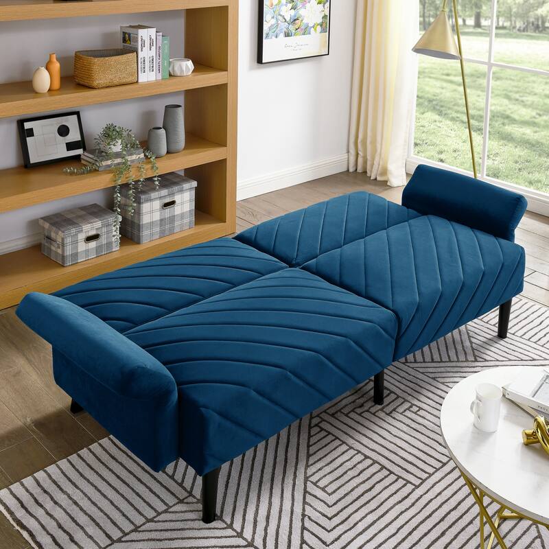 Folding Velvet Futon Sofa Bed with Adjustable Armrests for Apartments