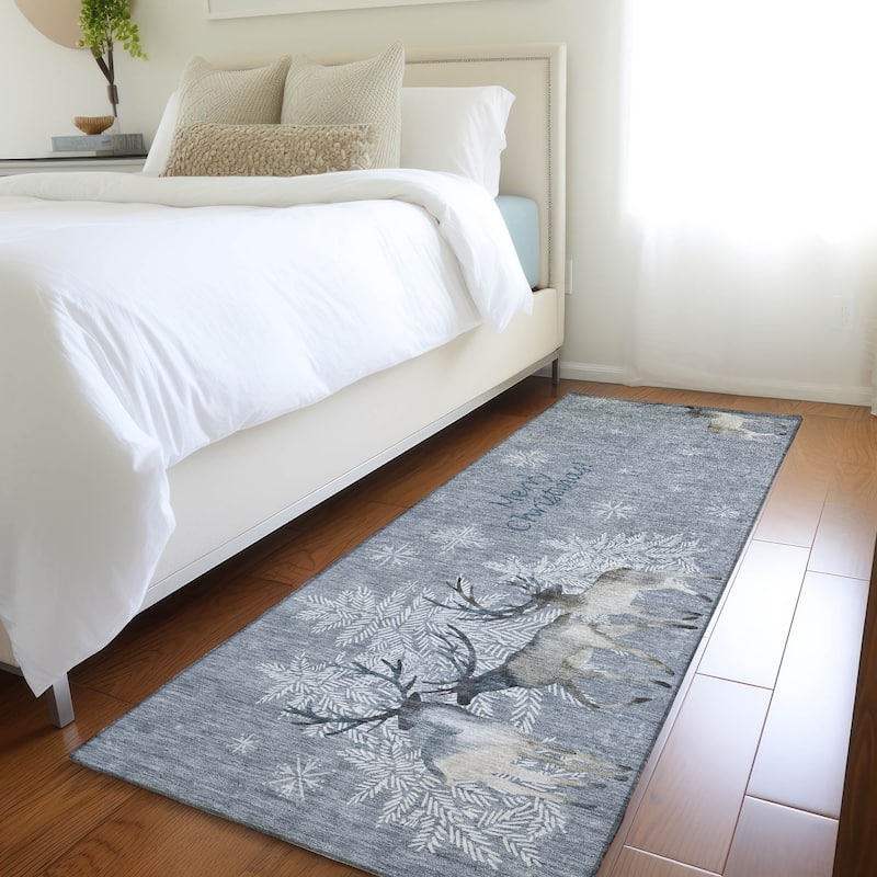 Premium Washable Super Merry Christmas Reindeer Soft Mayfield Rug - Grey - 2' 3" x 7' 6" - Runner