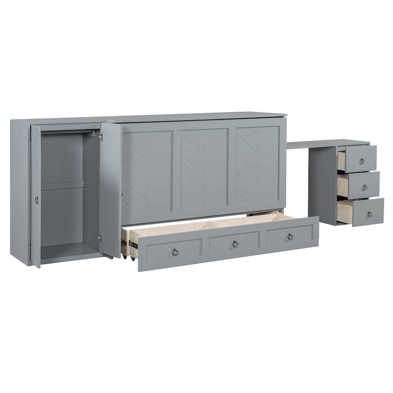 Queen Size Murphy Bed with USB Port, Large Drawer, and Wardrobe/Desk Combo - Versatile Gray Cabinet Bed