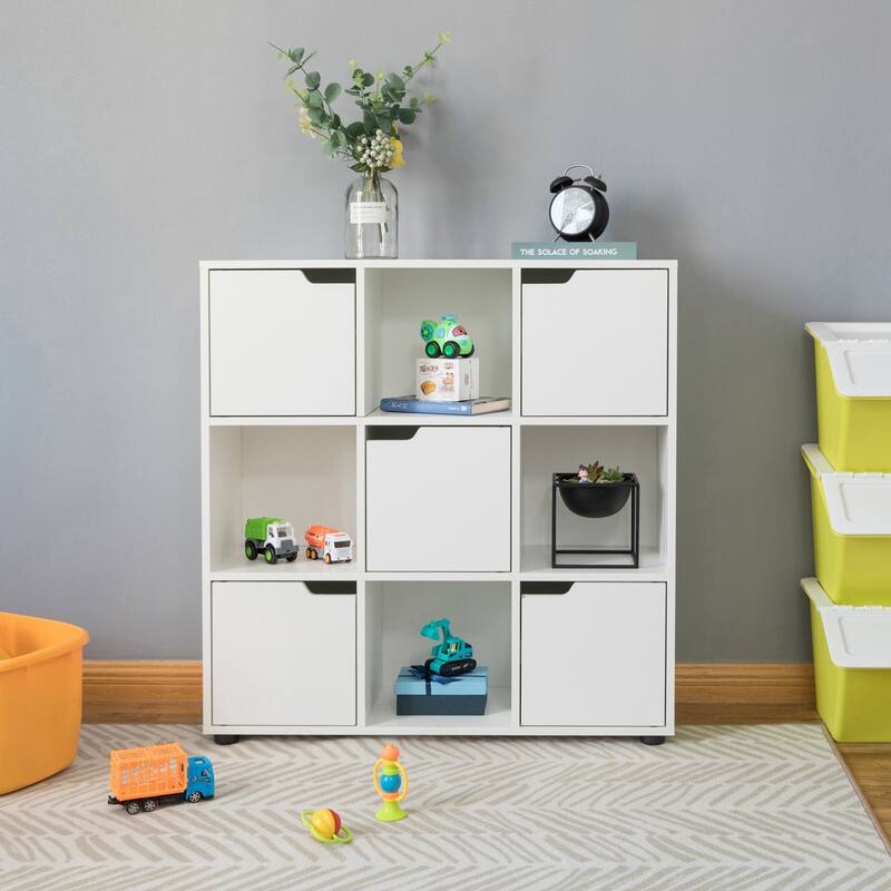 9-cube Oak Organizer with 5 Enclosed Doors and 4 Shelves