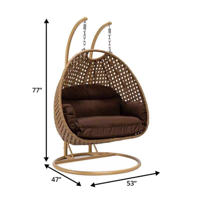 LeisureMod Mendoza 2-Person Hanging Egg Swing Chair - Handcrafted Light Brown Wicker, Patio Hammock Lounger with Cushions - 53"