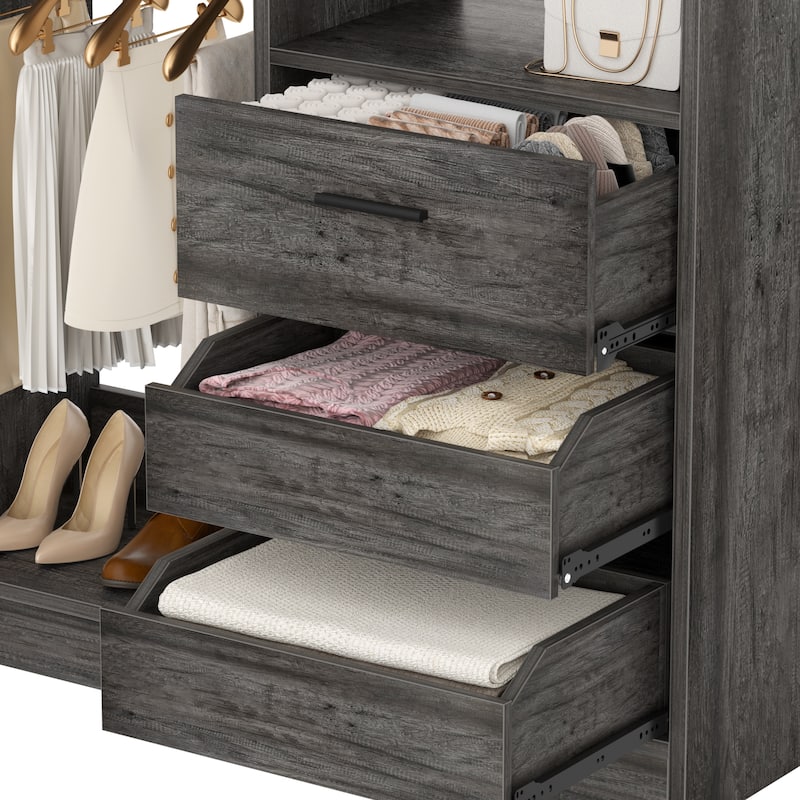 36'' W Freestanding Walk-in Closet Organizer System with 2 Hanging Rods and 3 Wood Drawers