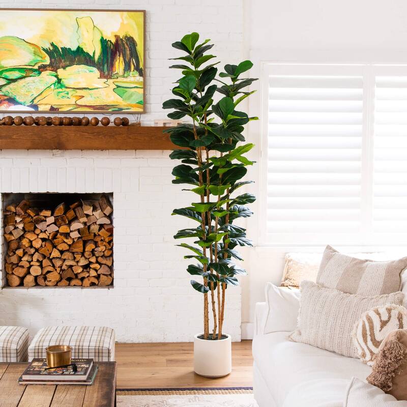 8-ft Artificial Fiddle Leaf Tree in Decorative White Planter - Green