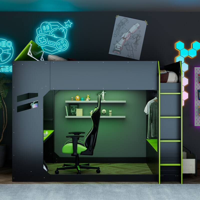 Full Size Gamer Loft Bed with Adjustable Desk, RGB Light Strip and Charging Station by Harper&Bright Designs