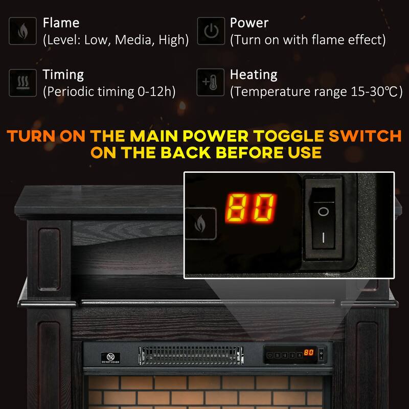 32" Electric Fireplace Heater with Mantel, Dimmable LED Flame, Remote, and Shelf for Display, 700W/1400W