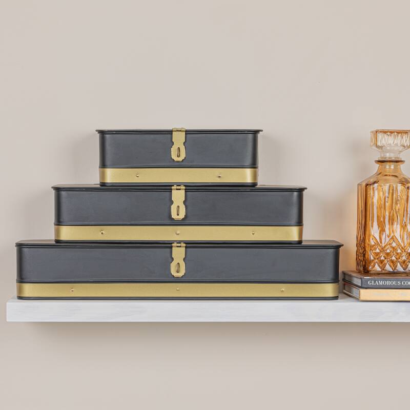 Decorative Metal Boxes with Lid, Set of 3 - 20.5"L x 5.1"W x 3.6"H - Black