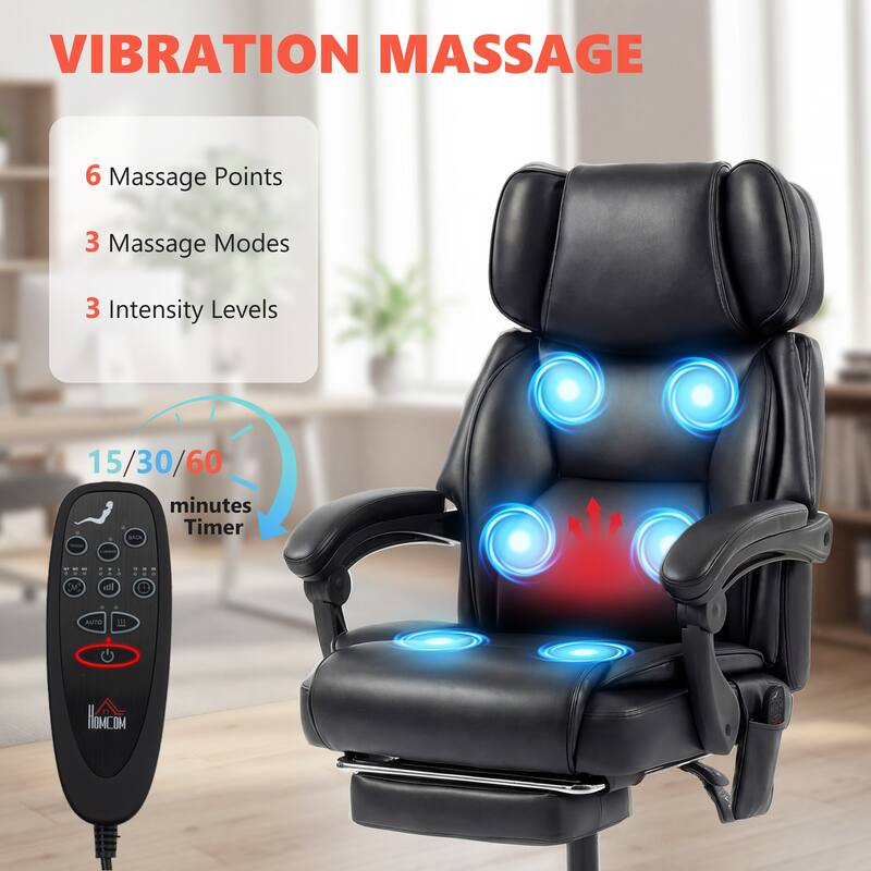 HOMCOM Massage Office Chair with Lumbar Heat, Ergonomic Executive Desk Chair with Footrest 6 Points Vibration, High Back PU
