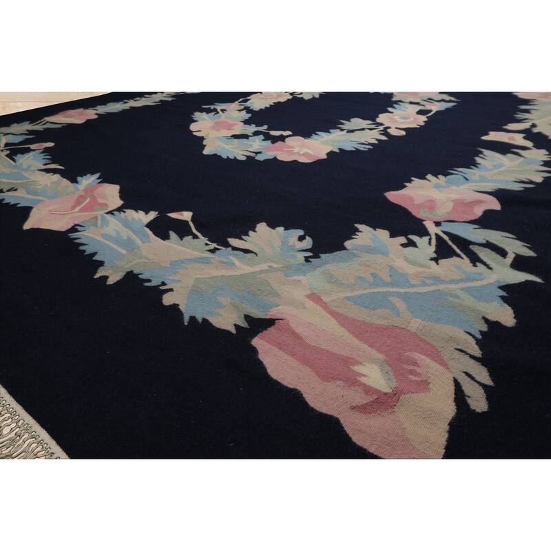 8'9''x12 Hand Woven Wool Navy Kilim Traditional Area Rug - 8' 9'' x 12'