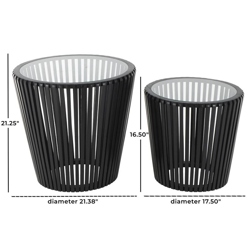 Wood Cage Inspired Accent Table with Clear Glass Tabletop - Set of 2 Black - Roche River Decor