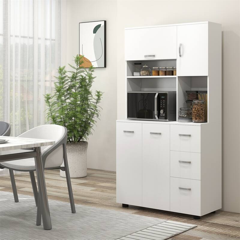 White Kitchen Cabinet Storage with Drawers and Adjustable Shelves Microwave Countertop Space - 35" W x 15.6" D x 66.1" H