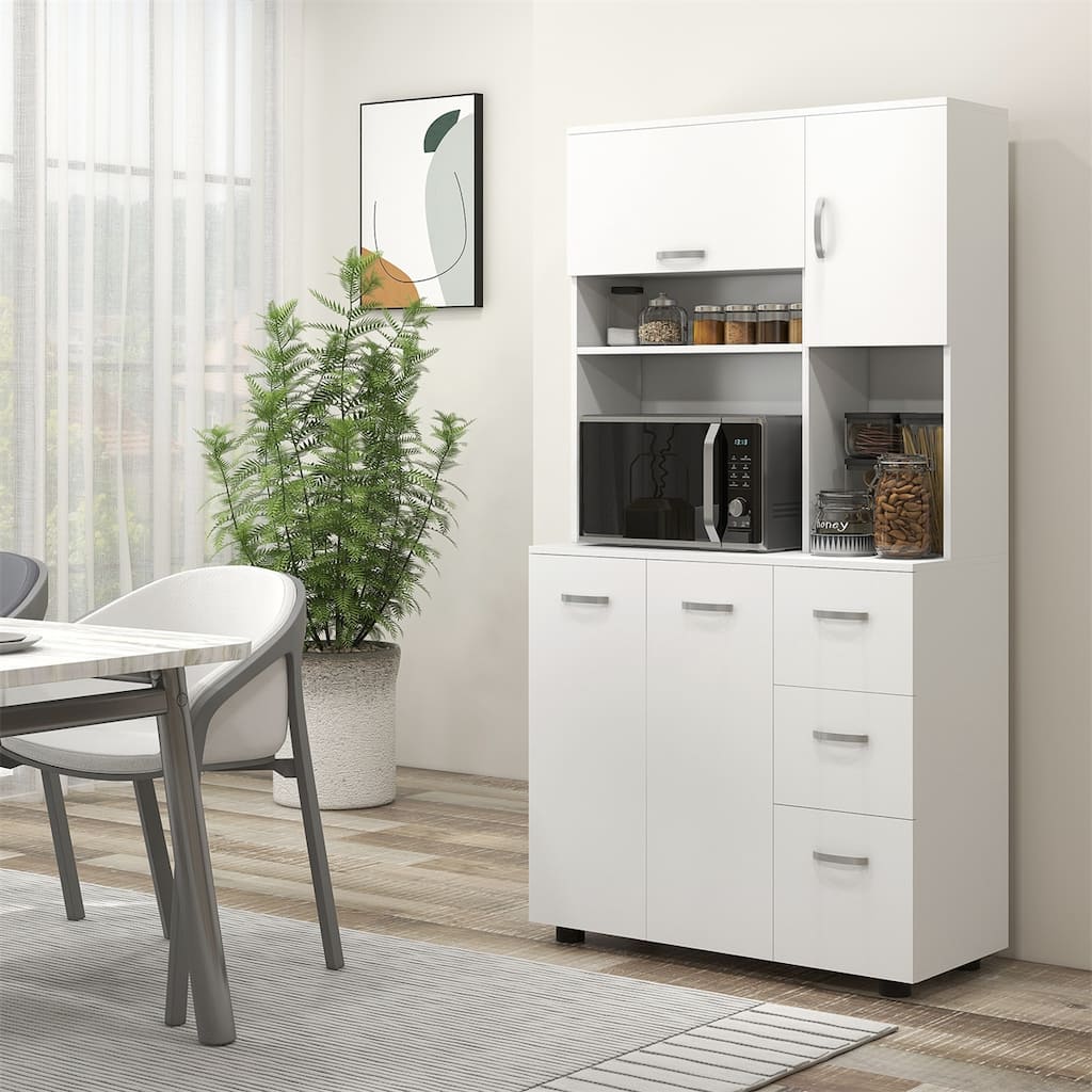 White Kitchen Cabinet Storage with Drawers and Adjustable Shelves Microwave Countertop Space - 35" W x 15.6" D x 66.1" H