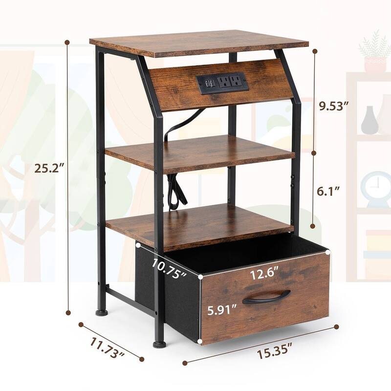 Vintage Nightstand with Charging Station, Remote Control LED Lights