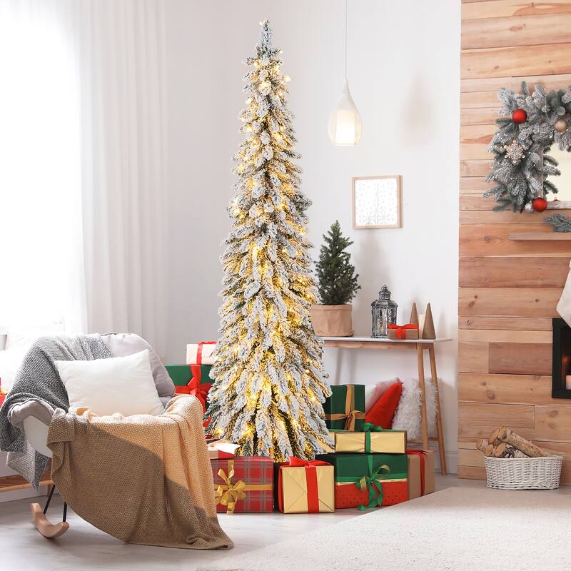 Gymax 4/5/6 FT Pre-Lit Artificial Christmas Tree Snow-Flocked Slim