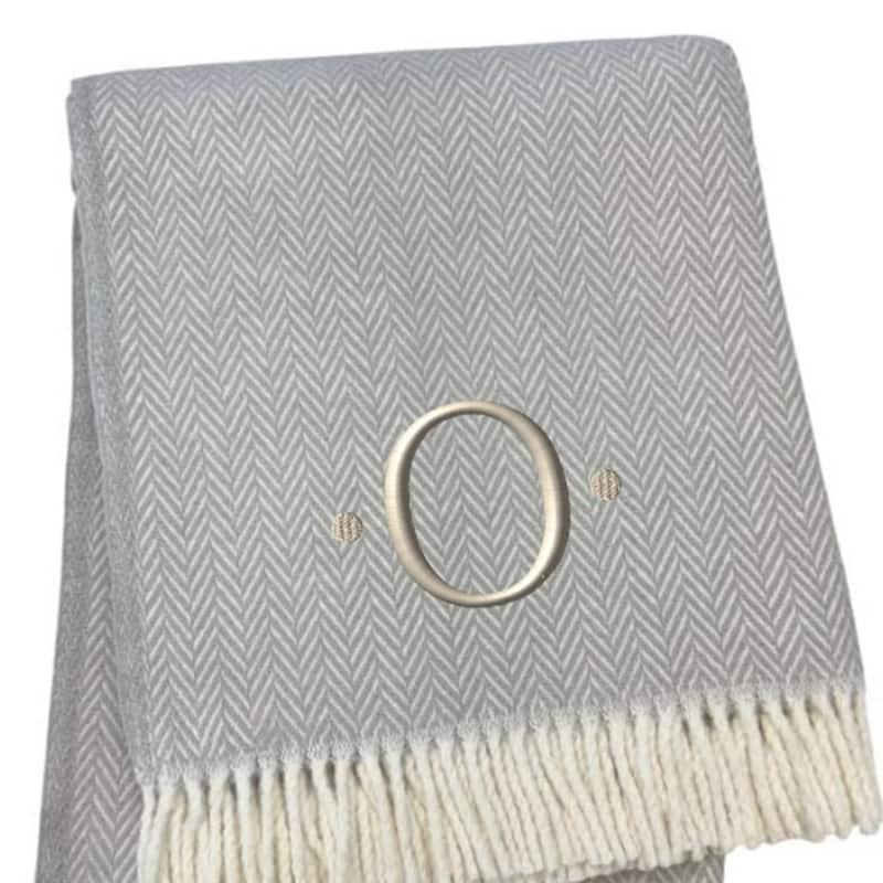 HomeRoots 55" X 70" Gray And White Herringbone Cotton Blend O Initial Throw Blanket with Tassels And Embroidery