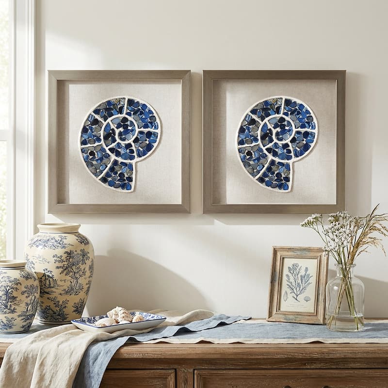 American Art Decor 2-Piece Coastal Seashell & Sea Glass Shadowbox Framed Wall Art Set