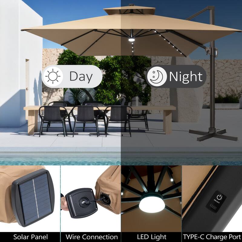 10 X 13 FT Outdoor Patio Cantilever Umbrella with Solar Lights Double Canopy 360 RotationTilt