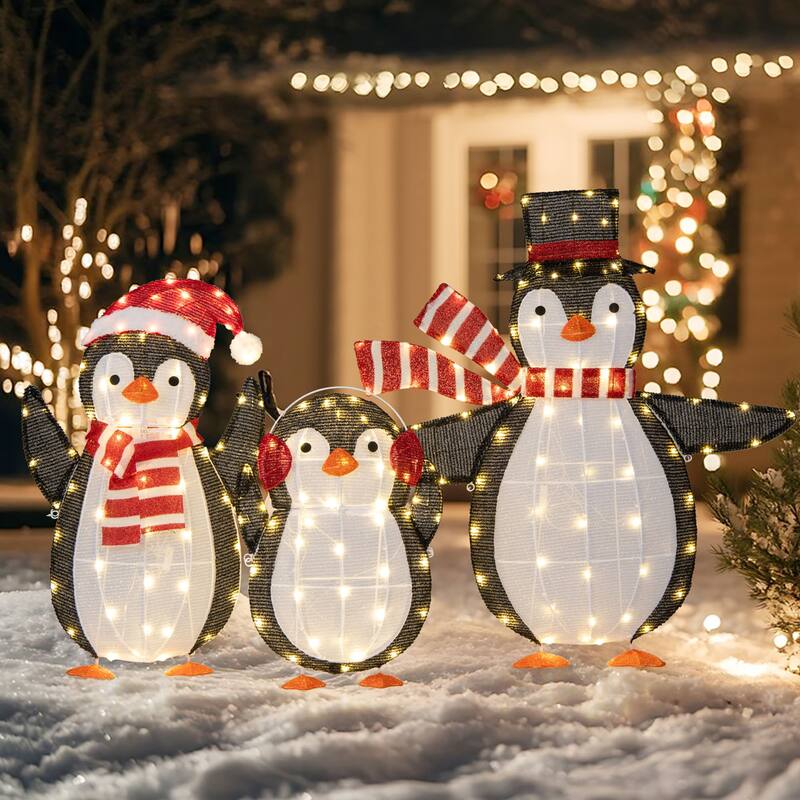Gymax Lighted Christmas Penguins Set of 3 Christmas Penguin - Multi-colors - See Details