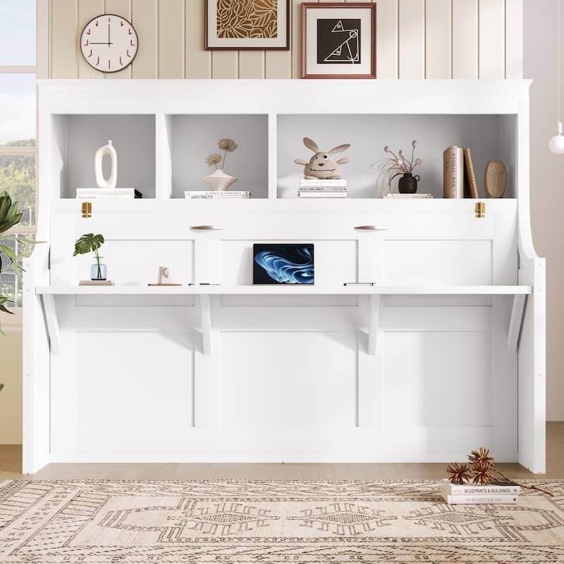 Murphy Bed with Desk Open Storage Shelves Twin Size