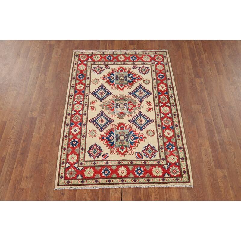 Beige Geometric Kazak Foyer Rug Oriental Handmade Wool Carpet - 3'6" x 5'1"