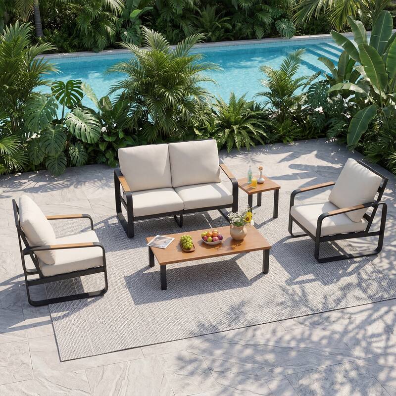 Outdoor Patio Conversation Sofa Set with Cushions - 5-PCS Loveseat Set - Off-White
