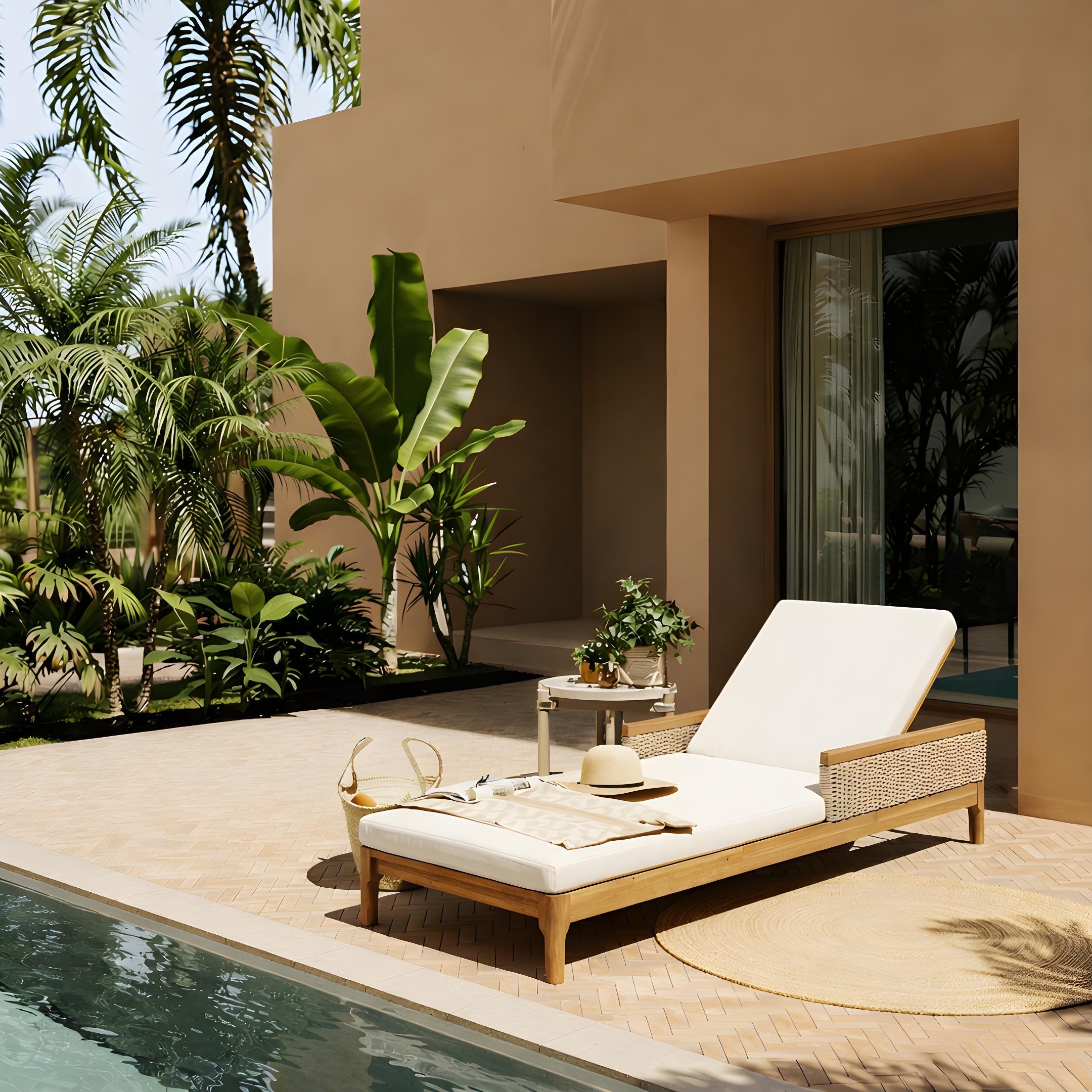 Solid Acacia Wood Sun Lounger with Cushions and Light Wicker,76.8"Outdoor Patio Furniture for Garden, Deck,Poolside Relaxation