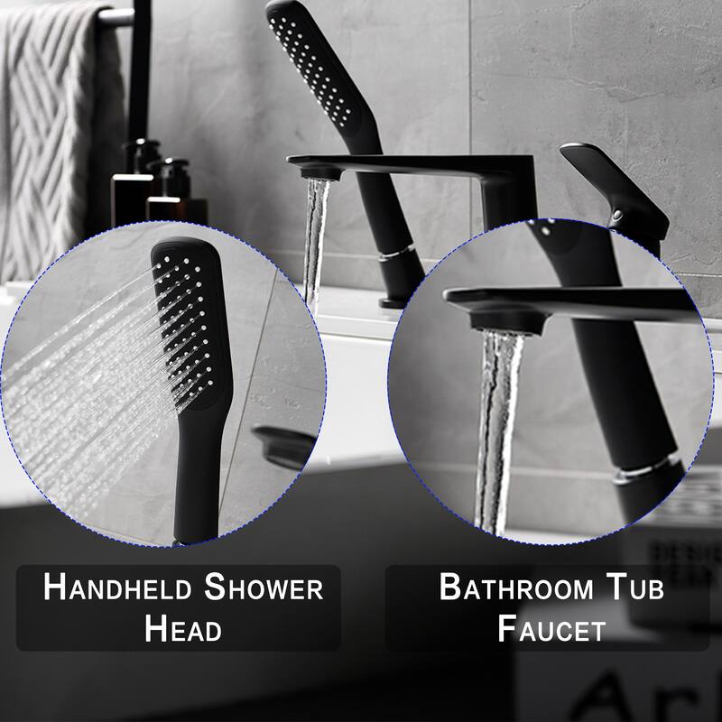 Single Handle Deck Mounted Roman Tub Faucet with Pull-Out Handheld Shower in Matte Black