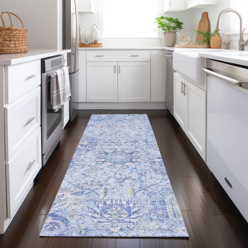 Machine Washable Indoor/ Outdoor Vintage Traditional Chantille Rug - Sky - 2'3" x 7'6"