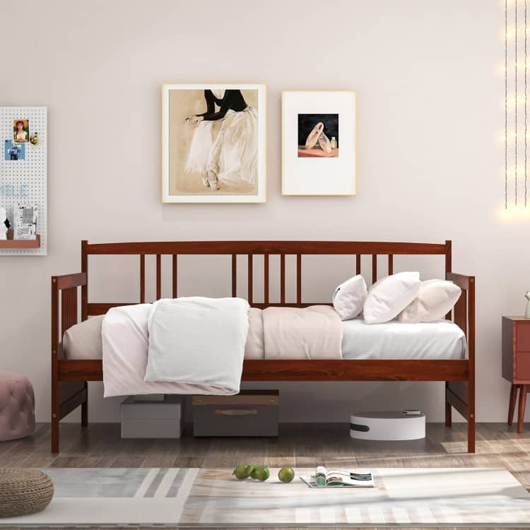 Cherry Pine Wood Twin Daybed Frame with Storage Space and Durable Slat Support