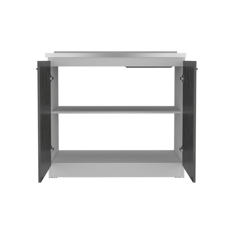 Freestanding Sink Cabinet with Double Doors and Two Shelves, White / Black, Practical Design, Stainless Steel