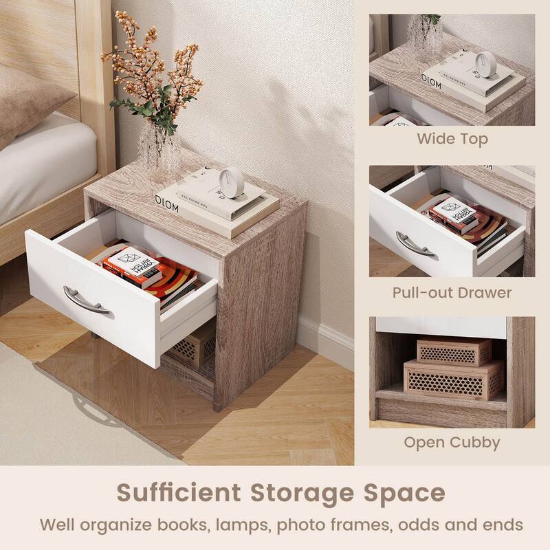 Costway Modern Nightstand Bedside Table with Drawer Open Storage Shelf