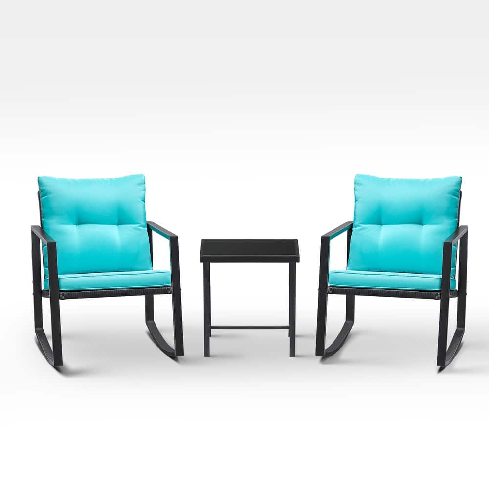 Lacoo 3 Piece Rocking Bistro Set Wicker Patio with Glass Coffee Table