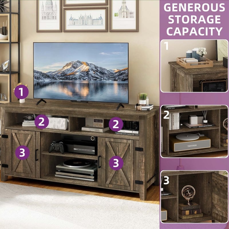 Moasis Farmhouse Barn Door Wood TV Stand with Power Outlet, Entertainment Center with Shelves for TV up to 65"