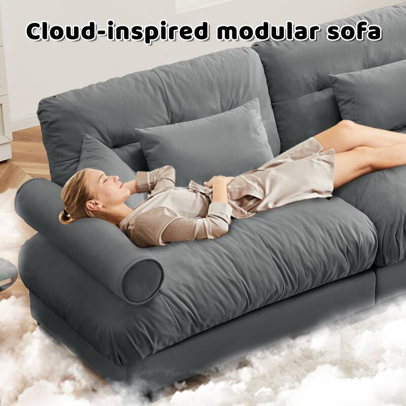 U-Shaped Velvet Sectional Sofa Set with Ottoman, 130" 3-Seater Modular Sofa withRound Armrests, Modern Upholstered Couch