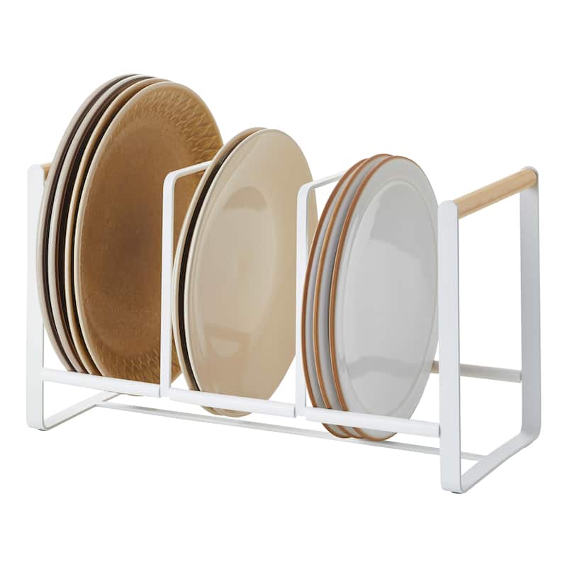 Yamazaki Home Vertical Plate Organizer, Steel and Wood, Holds 19.8 lbs - L 6.5 x W 13.58 x H 7.87 inches - White - L 6.5 x W 13.58 x H  7.87 inches
